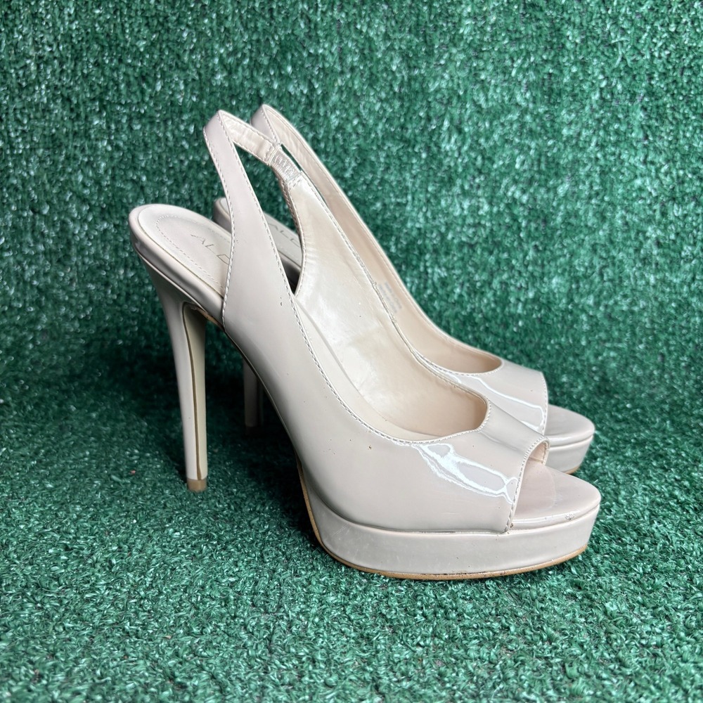 ALDO Peep Toe Platform Slingback Stiletto Patent Leather Heel Nude Women Sz 6.5